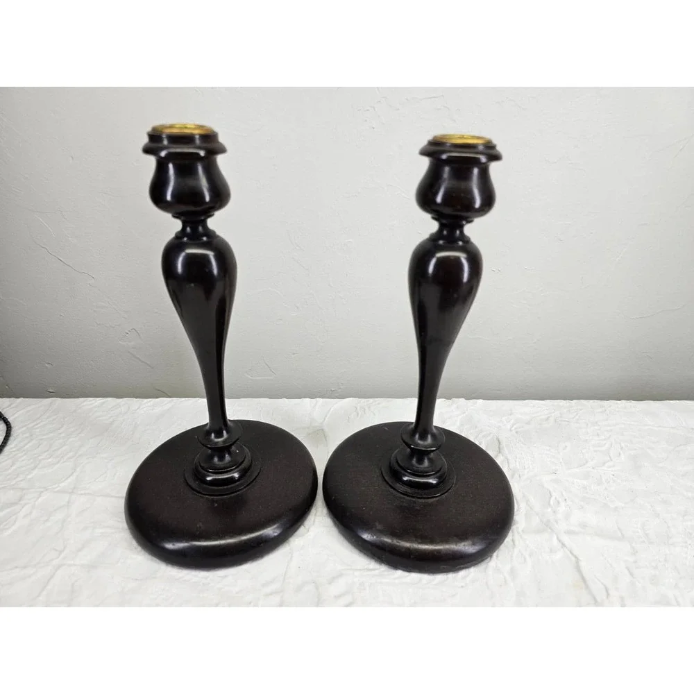 Antique 1900's Dark Wood Candlestick Holders Pair Ornate Brass‎ Top Elegant